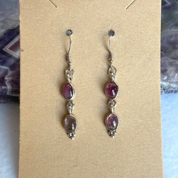 Sterling Silver 925 Dainty Oval Pink Tourmaline Multistone Dangle Drop Earrings - Picture 6 of 16